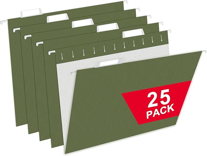 25 Packs Hanging File Folders,Dark Green Letter Size File Folder,Designed for Bulky Files,Filing Cabinet,1/5 Adjustable Tabs for Office,School,Home