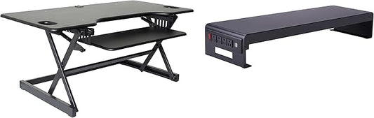 Rocelco 46" Large Height Adjustable Standing Desk Converter with Double Monitor Mount Stand BUNDLE - Quick Sit Stand Up Computer Workstation Riser - Retractable Keyboard Tray - Black (R DADRB-46-DMS)