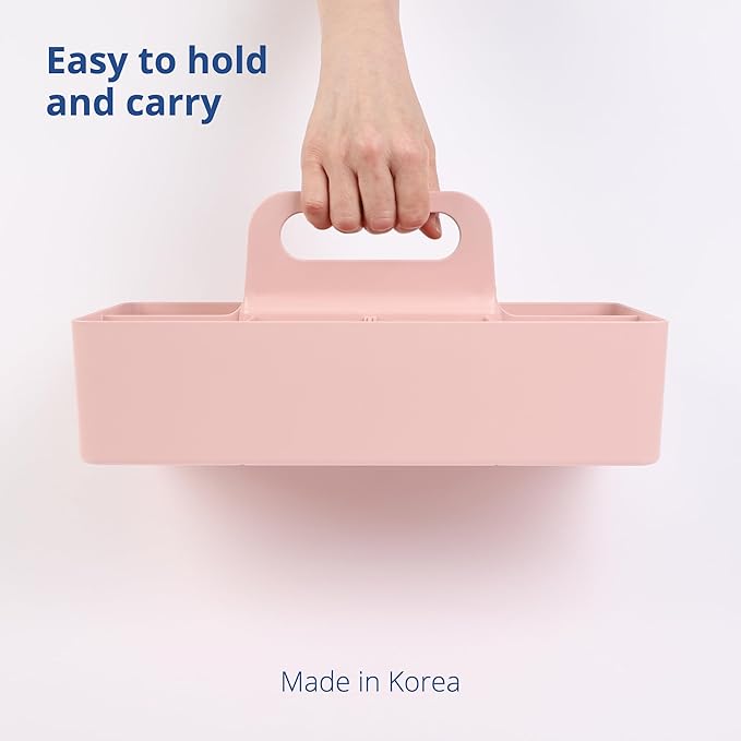 BLUE GINKGO Stackable Organizer Caddy – Korean-Made Portable Tote for Bathroom, Office, Crafts, or School Supplies (Long Rectangle, Pink)
