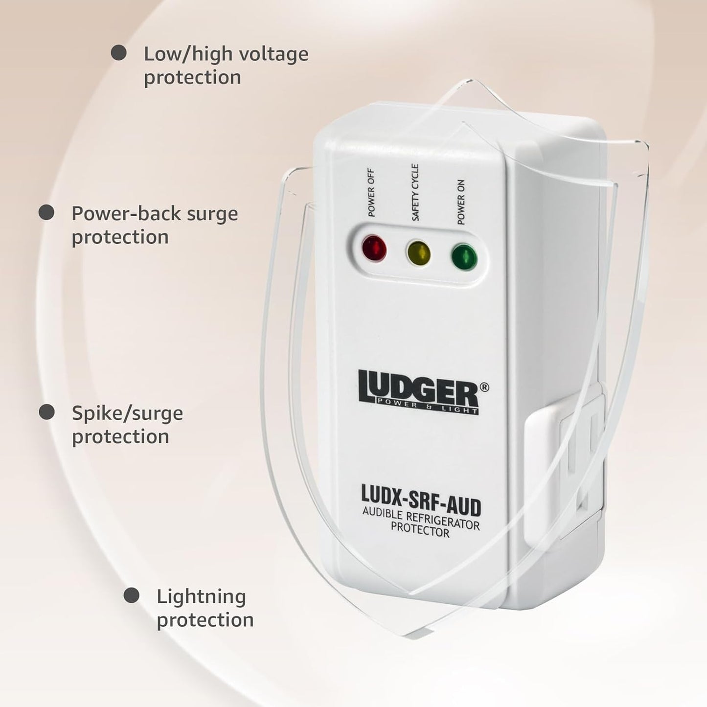 Ludger Power Surge Protector for Appliances (LUDX-SRF-AUD), ETL Certified, Appliance Surge Protector Refrigerator 90 Degrees, Connects to All Types of AC, Unique Side Socket, Audible Alarm