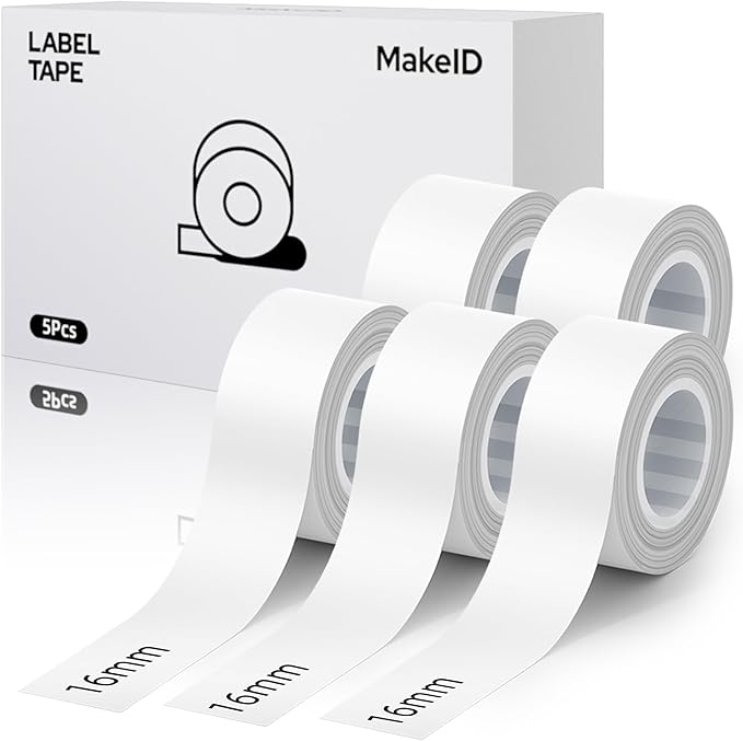 MakeID L1 E1 Q1 Label Maker Tape Refills, 5-Roll 16mm x 4m (0.63" x 13') Continuous Consumables Thermal Laminated Office Labeling Tape Replacement
