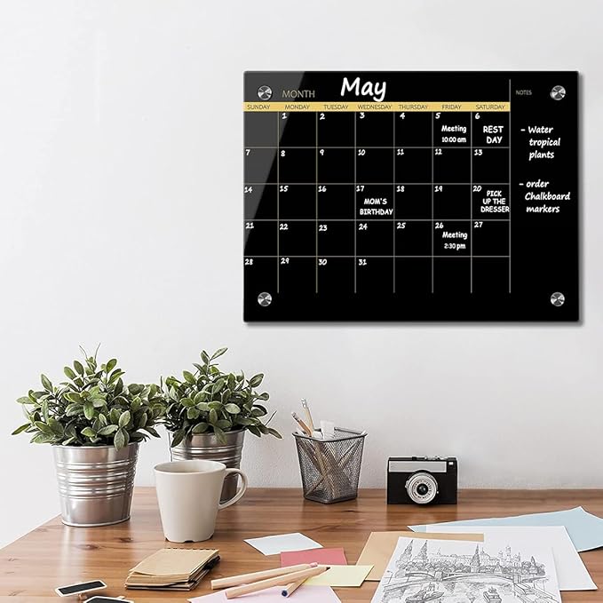 Glass Dry Erase Whiteboard,Monthly Calendar Whiteboard,18" x 24",Frameless Glass White Board for Home,School,Office,Blace Surface(GlassA-BK-4560)