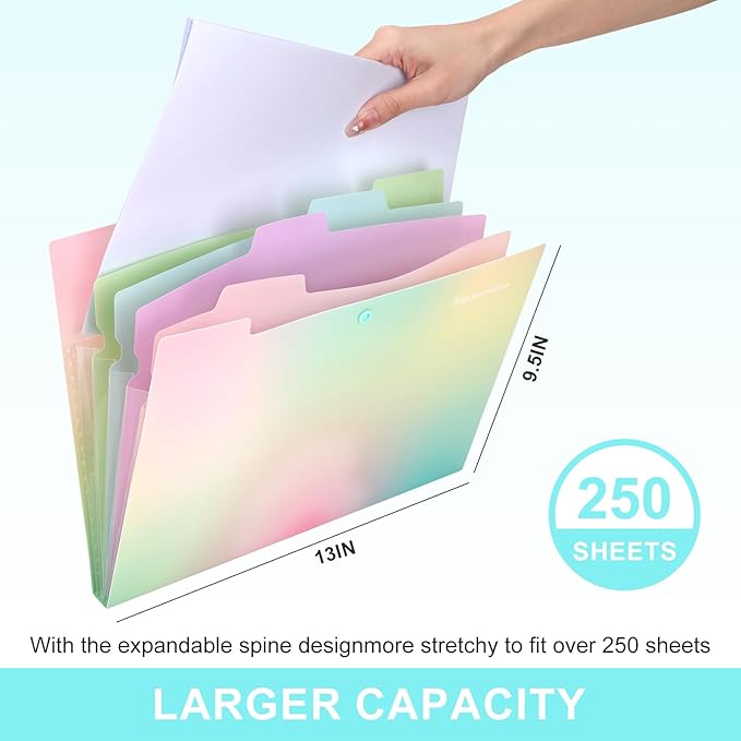 Ddaowanx Expanding File Folder, Letter A4 Size Accordion Plastic File Organizer, 5 Pocket Folders for Documents, Aesthetic Folder with Labels, Paper Organizer for School Office (Aurora Green)