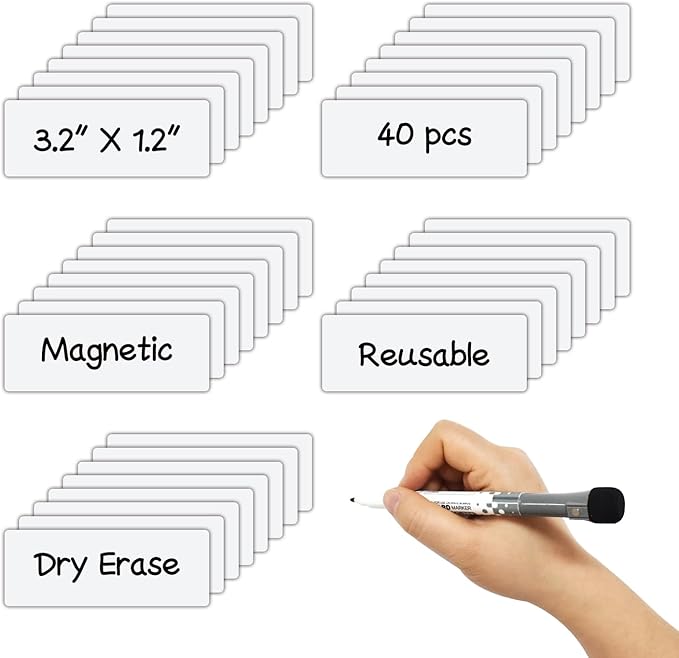 Dry Erase Magnetic Labels 3.1x1.2 Inch White, Reusable Magnetic Dry Erase Labels for Whiteboards，Pack of 40