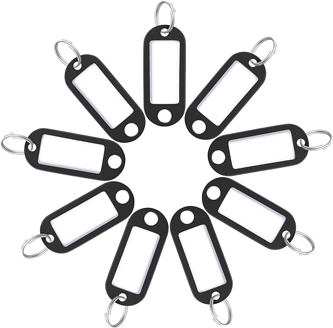 Uniclife 40 Pieces Key Tags 2 Inch Soft Plastic Key Chain Tags with Blank Paper Labels Clear Windows Protective Films and Split Rings Flexible Item Identifiers, Black