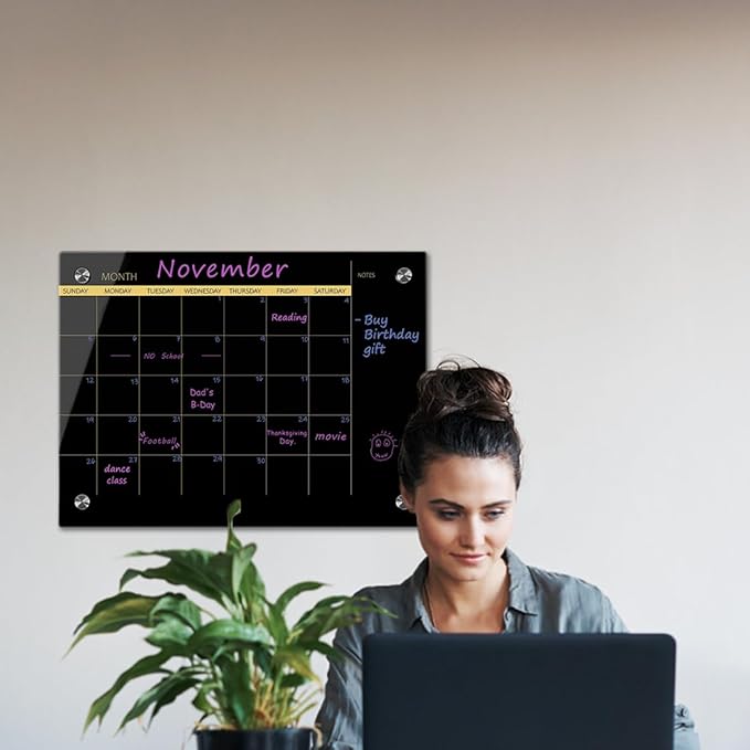 Glass Dry Erase Whiteboard,Monthly Calendar Whiteboard,18" x 24",Frameless Glass White Board for Home,School,Office,Blace Surface(GlassA-BK-4560)