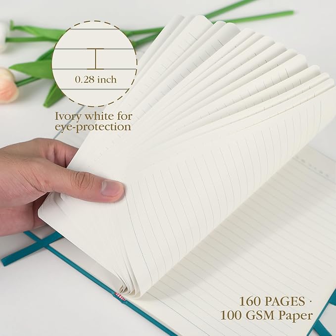 A5 Lined Journal Notebook - 100 GSM Thick Paper, Hardcover Journaling Notebook for Writing, Work, Travel, College Ruled Journal for Women Men, PU Leather Note Book, 5.5”x8.3”- Pacific Green