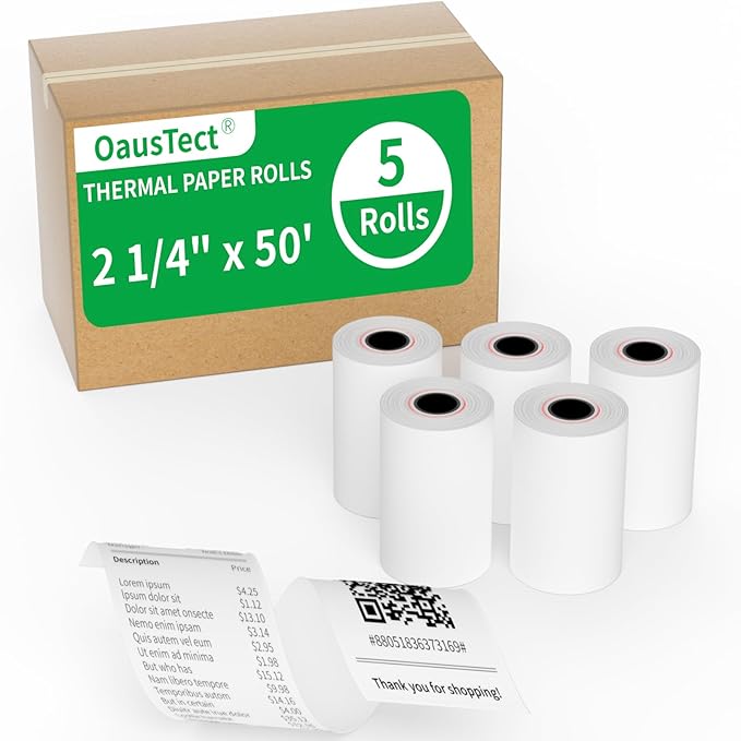 Thermal Paper Rolls 2.25 x 50 ft, 5 Rolls Credit Card Paper Thermal 2 1/4" x 50', Premium Receipt Papers Fits All 58mm Mini POS Thermal Printers