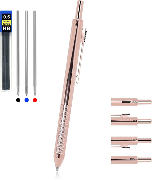 YOUMI Multicolor pen 4 in 1 Multifunction Pen with Metal Cased 0.5mm Mechanical Pencil Red Ballpoint Pen Blue BallpointPen and Black Ballpoint Pen Gift for Journaling (Rose gold)