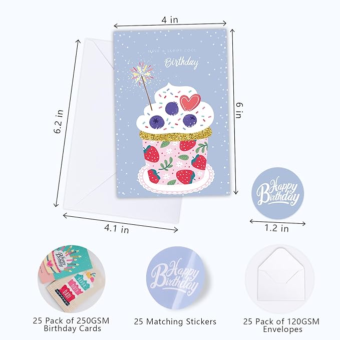 Birthday Cards,25 Pcs Blank Cards with Envelopes & Stickers,25 Design,4x6 Inches Happy Birthday Card,Birthday Card for Kids,Friends,Family and Colleagues
