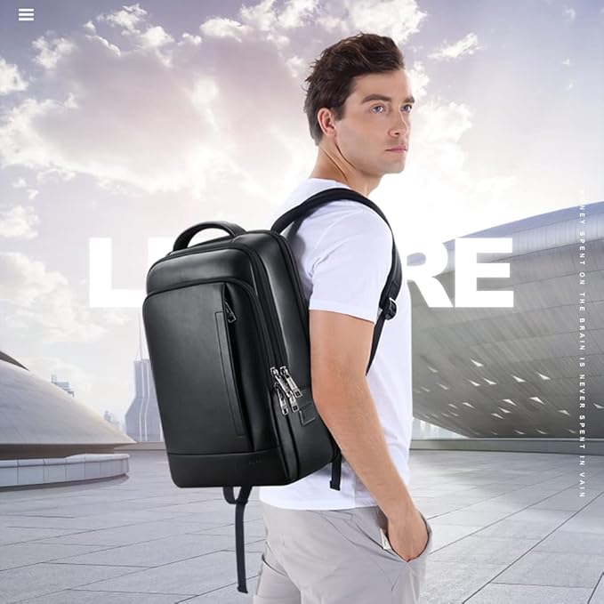 BOPai Genuine Leather Backpack for Men Multi-Function Expand Backpack 15.6 inch Business Laptop Backpack Travel Smart with USB Charging Backpack Office Black