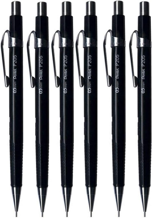 Pentel 0.5mm (P205) Black P200 Series Automatic Mechanical Drafting Pencil Refillable Lead Eraser P205-A (Pack of 6)