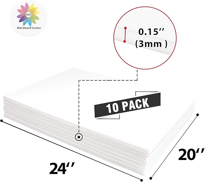 Mat Board Center, Pack of 10 Acid-Free Foam Boards, 20x24 inch White Foam Boards, 1/8" Thick