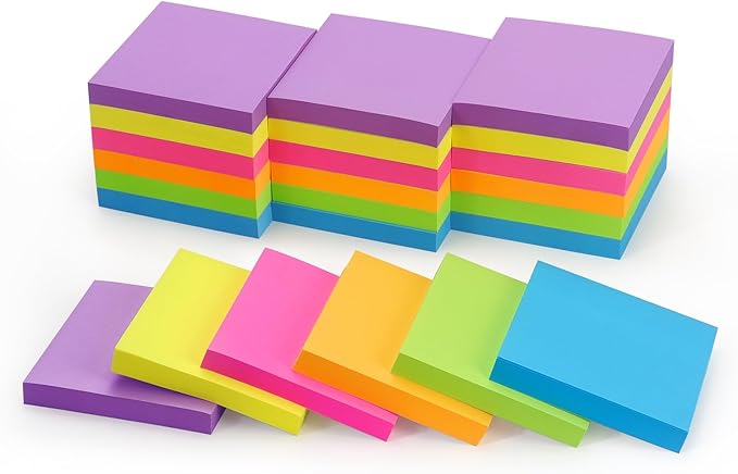 Sticky Notes 3x3 inch Bright Colors Self-Stick Pads 24 Pads/Pack 70 Sheets/Pad Total 1680 Sheets