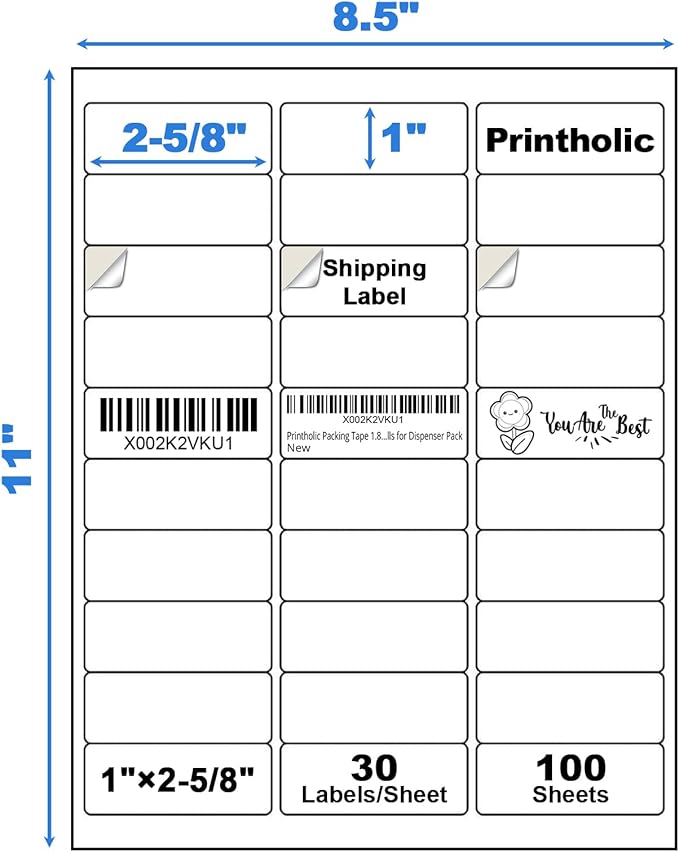 3000 30 Per Sheet Self Adhesive 1" x 2-5/8" Address Shipping Labels for Laser & Inkjet Printers - 100 Sheets, 30 Per Labels Per Page