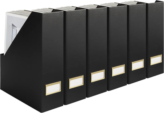 BLU MONACO Declutter in Style - Set of 6 Black Foldable Magazine File Holders with Gold Label Holders - Cardboard Magazine Storage Box & Desk Organizer for Workspace and Shelves