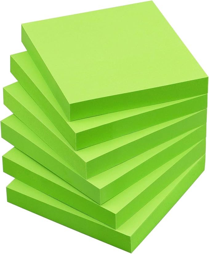 Sticky Notes 3x3 Self-Stick Notes Pads with 6 Bright Colors, Easy to Post for Office, Shool, Home, 6 Pads/Pack, 100 Sheets/Pad(Green)
