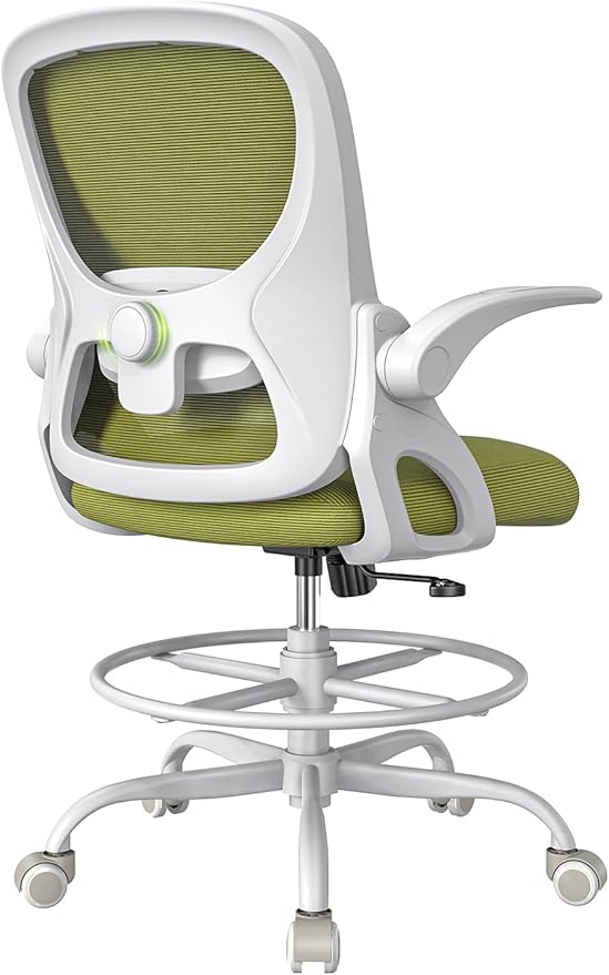 Drafting Chair Tall Office Chair with Flip-up Armrests Ergonomic Computer Standing Desk Chair with Comfy Lumbar Support and Adjustable Footrest Ring for Bar Height Desk(White-Green)