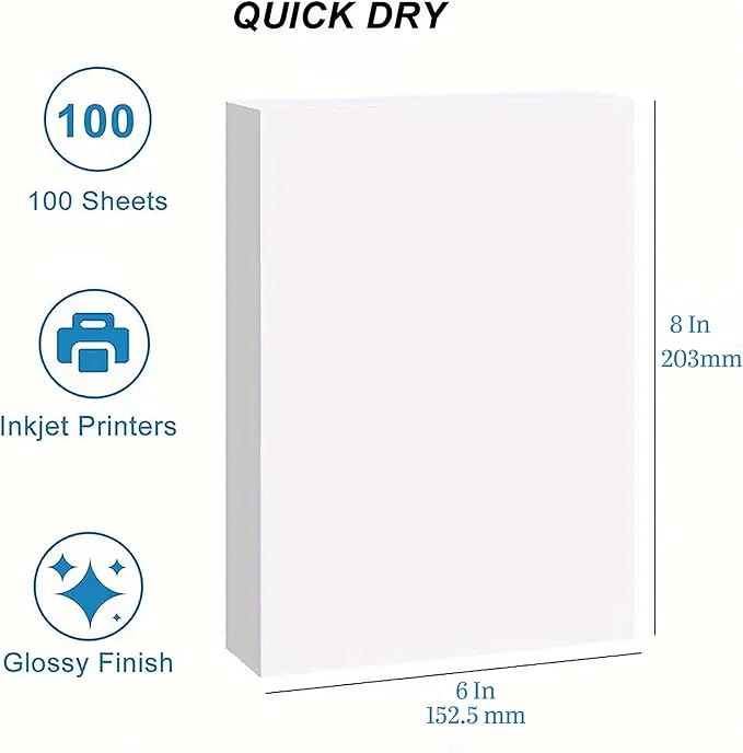 Photo Printing Paper Glossy 6X8-100 Sheets | Durable Thick Camera Paper | Best 6X8 Photo Paper for Inkjet Printers | Instant Dry 6R Photo Paper, Fade-Resistant, Vibrant Colors (Glossy, 6X8)