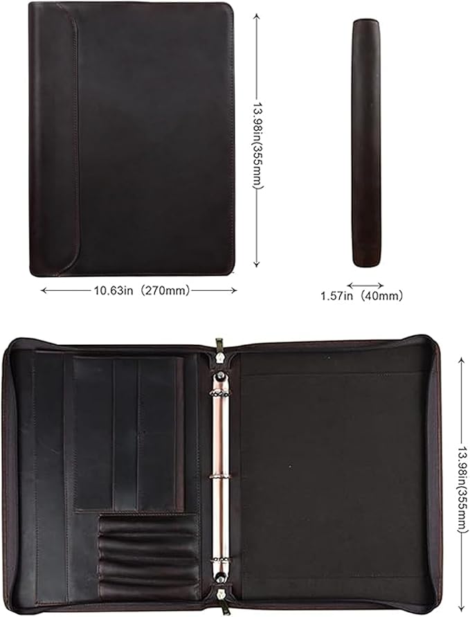 Padfolio Binder- A4 Letter Size 3-Ring Binder, Leather Portfolio Folder Organizer Deep Brown Crazy Horse Leather with Free Name Engraving. Includes Business Card Holder and Letter-Sized Writing Pad.