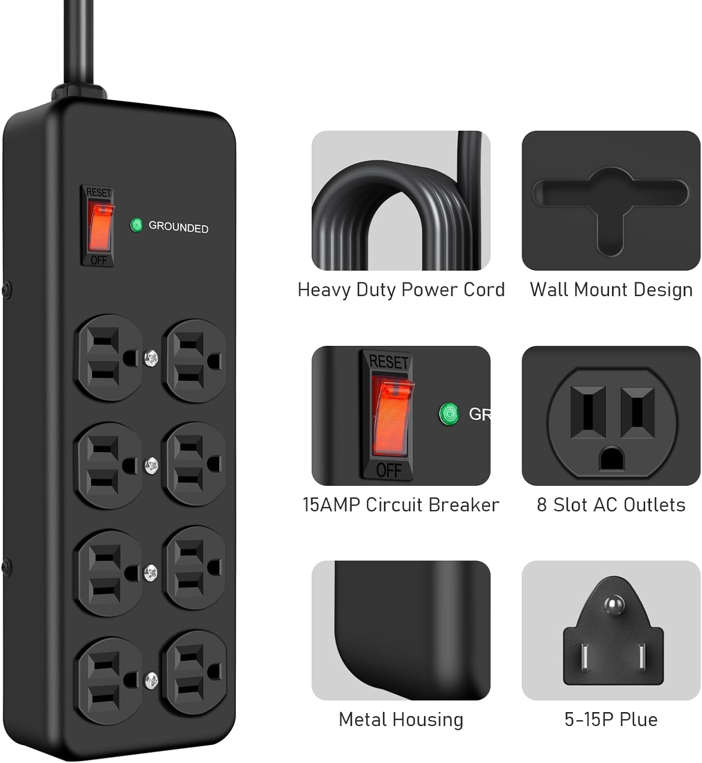 HEZI 8 Outlet Heavy Duty Power Strip, 15Amp Metal Mountable Surge Protector (2700J), Industrial Wall Mount Power Strip for Home, Office, Garage & Workshop, 6FT 14AWG Extension Cord