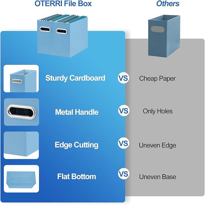 Oterri File Organizer, Small Storage Box, Cardboard File Folder Organizer, Collapsible File Box, Hanging File Organizer for Letter Size, Portable File Box with Handle, Only Box (Blue,8 Packs)