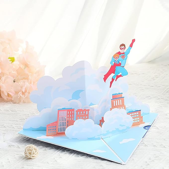 Happy Fathers Day Pop Up Card, Handcrafted 3D Super Dad Greeting Cards from Wife, Daughter, Son, Kids for Father, Husband, Grandfather, All Occasion.