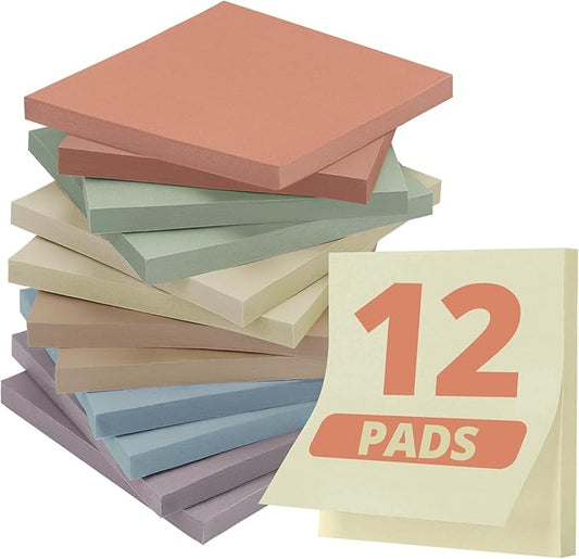 Sticky Notes, 12 Pads, 3x3 inches Aesthetic Sticky Note Pads, Neutral Boho Self-Stick Note Pads, Perfect for Office Home School Desk Accessories, 50 Sheets/pad - Vintage Colors
