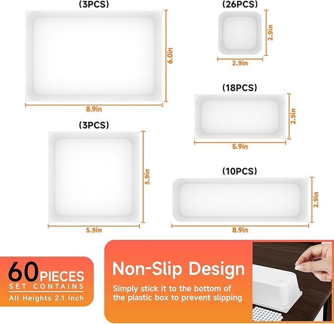 60 Pcs Plastic Drawer Organizer Set,5 Size Small Storage Containers for Organizing Jewelry,Utensil,Junk,Tea,Makeup,Shallow Drawer Organizers Tray Suitable for Office,Desk,Bathroom,Vanity,Kitchen,White