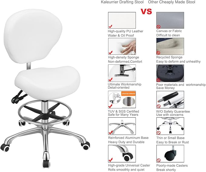 Kaleurrier Adjustable Height Drafting Stool Drafting Chair with Backrest & Foot Rest,Swivel Rolling Stools,for Work Studio,Dental,Office,Salon and Counter,Tall Home Desk Chairs (White)