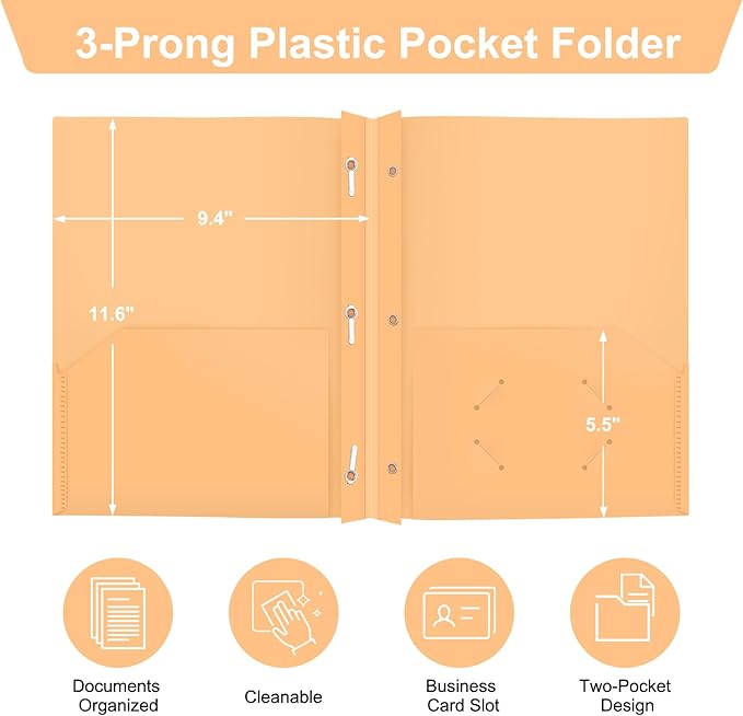 ViVin 12-Pack Sturdy Plastic Folders with Pockets and Prongs, Pastel Color 2 Pocket Poly Folder, fits 8.5 * 11 Letter Size Paper, for School, Home and Office (Light Yellow)