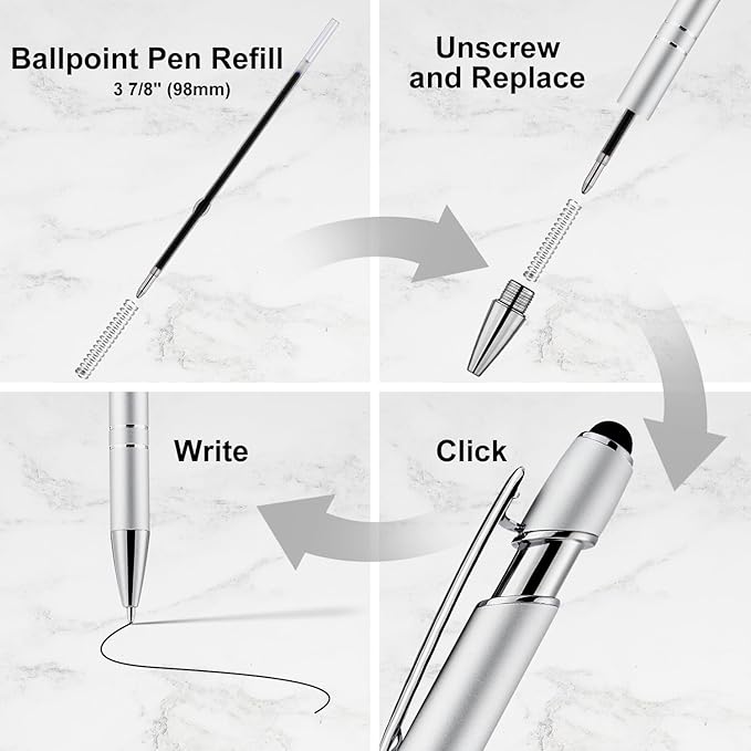 LINFANC 12 Pack Silver Ballpoint Pen with Stylus Tip, 1.0 mm Black Ink Smooth Writing Pens, Metal Stylus Pens for Touch Screens