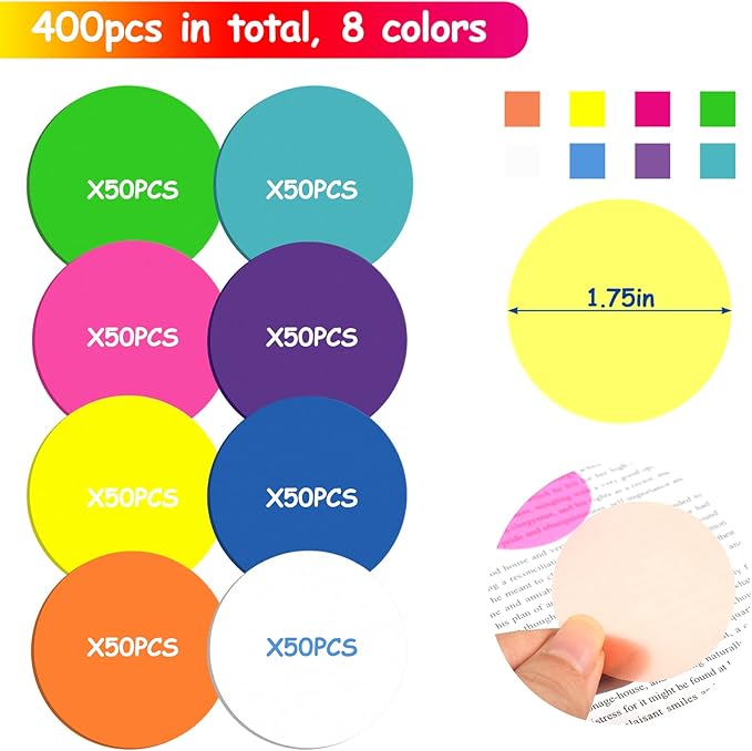 Juome Transparent Sticky Notes, 400Pcs Bright Neon Round Clear Sticky Tabs, Cute Circle Translucent Book Markers Page Flags Stickers Bible Journaling Accessories Aesthetic Office School Study Supplies