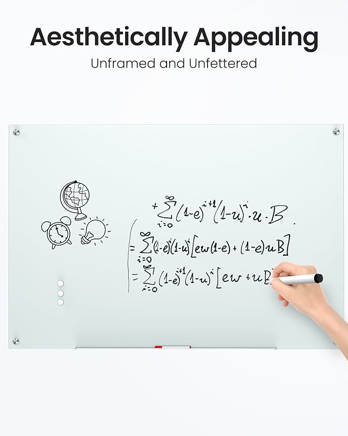 VUSIGN Glass Whiteboard 36" x 24" Magnetic Dry Erase for Office, School, Home, Frameless Mounting, Includes 4 Magnets, 2 Markers and 1 Erasers