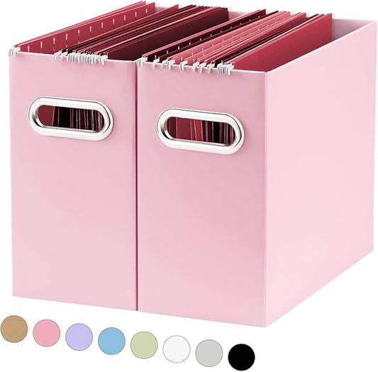 Oterri File Organizer, Small Storage Box, Cardboard File Folder Organizer, Collapsible File Box, Hanging File Organizer for Letter Size, Portable File Box with Handle, Only Box（Pink，2 Packs）