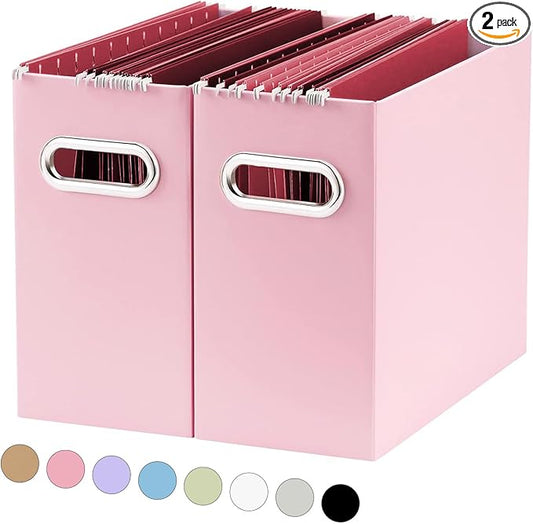 Oterri File Organizer, Small Storage Box, Cardboard File Folder Organizer, Collapsible File Box, Hanging File Organizer for Letter Size, Portable File Box with Handle, Only Box（Pink，2 Packs）