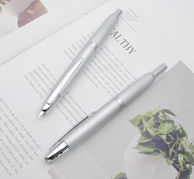 JINHAO 10 Press Fountain Pen, Retractable Metal Pen with Ink Converter (F Nib 0.5mm, Striated Silver)