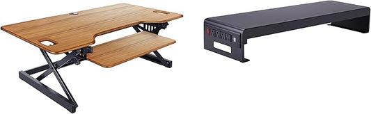 Rocelco 40" Large Height Adjustable Standing Desk Converter with Dual Monitor Stand BUNDLE - Quick Sit Stand Up Computer Workstation Riser - Retractable Keyboard Tray - Teak (R DADRT-40-DMS)