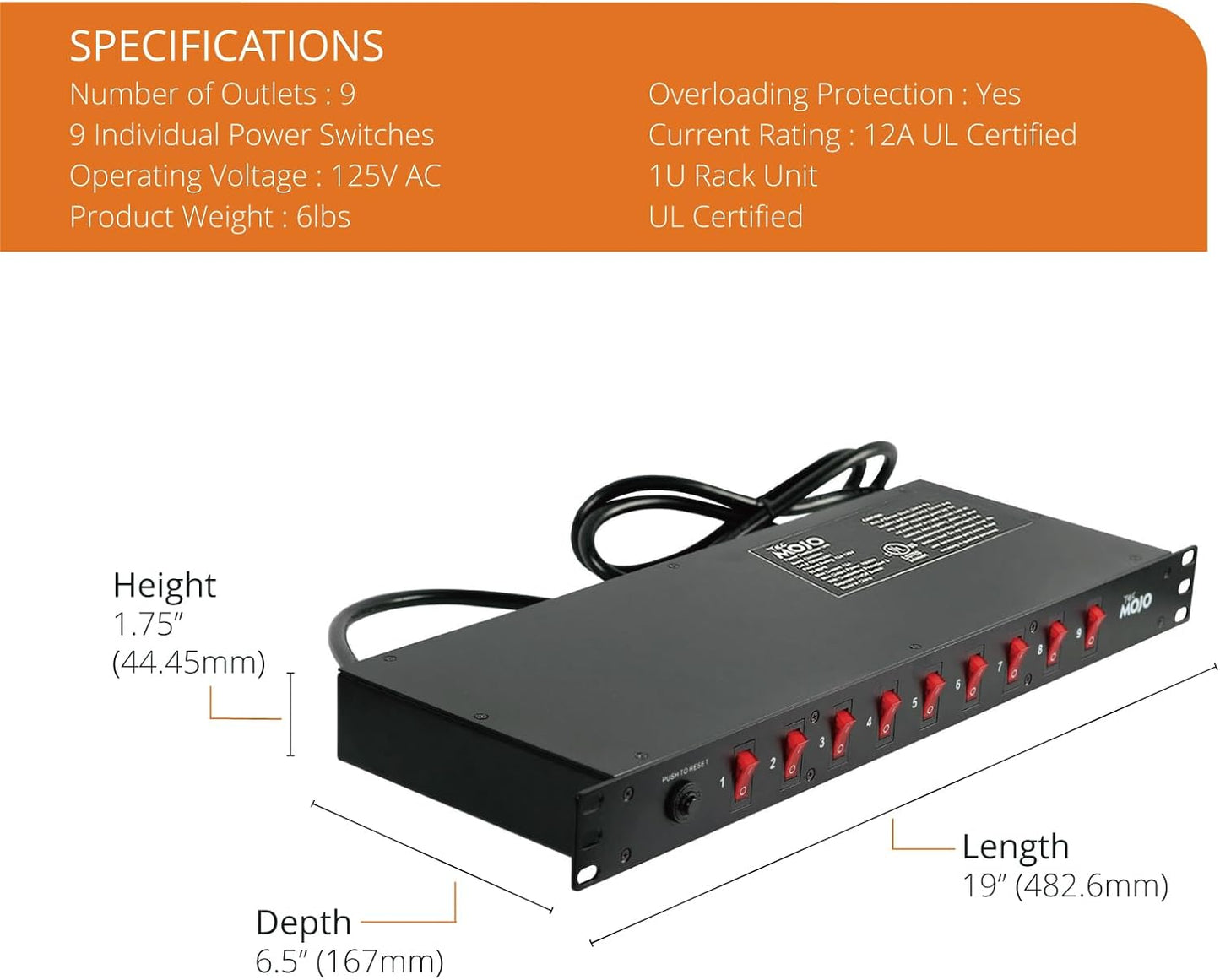 Tecmojo 9-Outlet Rack Mount Overloading Protection Circuit Breaker PDU Power Strip with Individual Switch 6ft Cord for IT and Network Racks and Cabinets