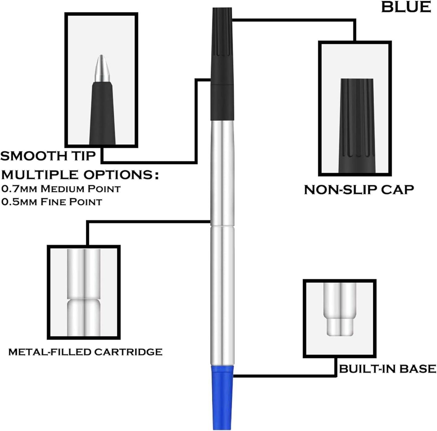 DunBong Quink Ink Rollerball, Compatible with Parker Rollerball Pens, 0.7mm Medium Point Blue Ink Refill Pack of 5, Replaceable Gel Ink Pen Refills, Smooth Writing (Blue-0.7mm)