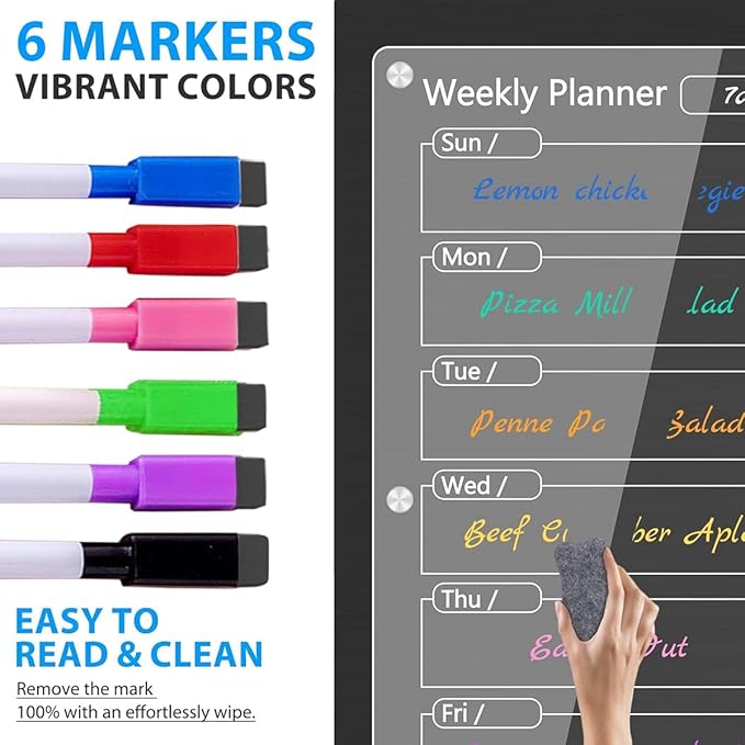 Acrylic Meal Planner Magnetic Menu Board for Kitchen Fridge with 6 Markers, Clear Refrigerator Weekly Planning Noteboard Grocery/Shopping List/Chore Chart, Magnetic Pen Holder Eraser 15.7" x 11.8"