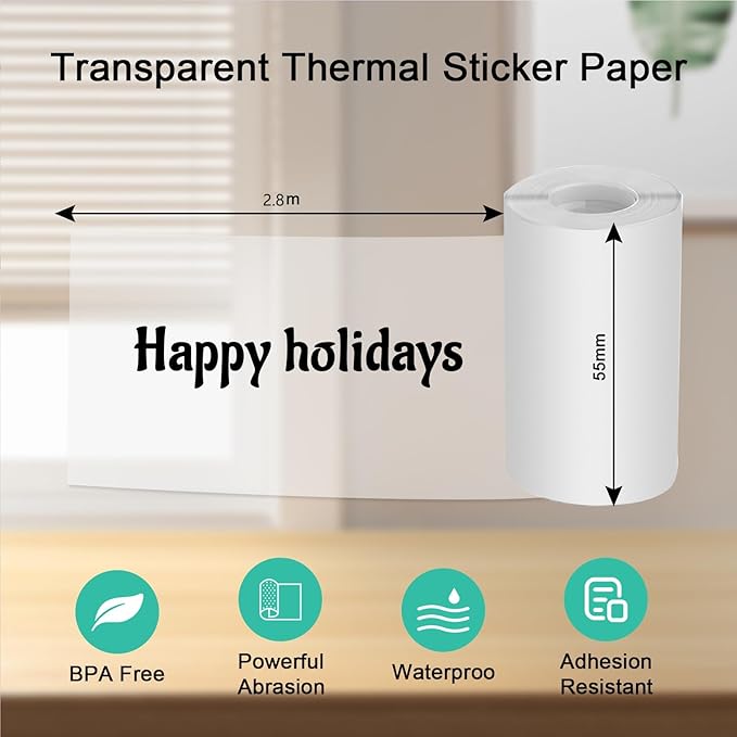 Transparent Self-Adhesive Thermal Paper, Glossy Thermal Printer Paper for Mini Portable Printer, 57mm X 2.5mm, 3-Rolls Thermal Labels for Most Pocket Printer