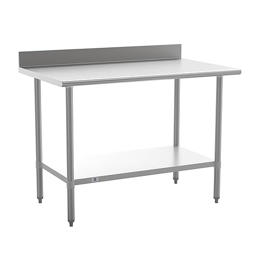 Flash Furniture Reese Commercial Stainless Steel Prep/Work Table for Back Kitchen, 430 Stainless Steel, 18 Gauge, Adjustable Shelf, 4" Backsplash, 30" x 48"