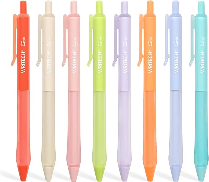 WRITECH Retractable Gel Ink Pens: Fine Point 0.7mm Assorted Color Soft Grip 8ct No Bleed & Smear Extra Smooth Writing Bullet Tip Colored Pen Set for Journaling Coloring