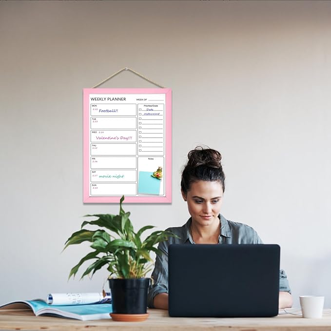 Dry Erase White Board Weekly Calendar Board, Magnetic Whiteboard for Wall,13“x17 Solid Wood Pink Framed Message Board, Planner Board for Office, Home, School(Weekly-BB-PK-3343)