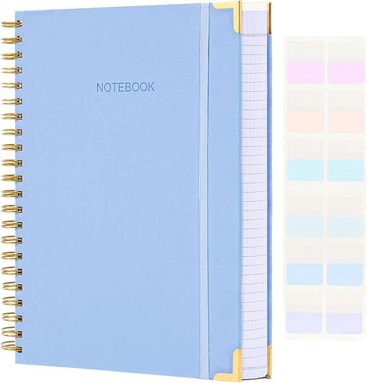Spiral Notebook, Hardcover Leather Journal for Women Men, 300 Page Thick Notebooks College Ruled for Work, School, Note Taking, Writing Journals, Large A5 Notebook with Tabs, 5.7" x 8.5", Light Blue