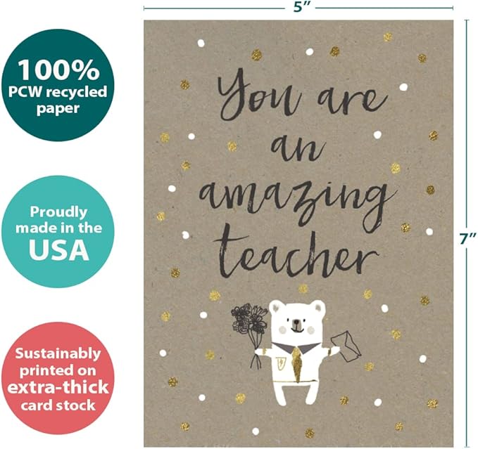 Tree-Free Greetings Teacher Appreciation Cards - Artful Designs - 2 Cards + Matching Envelopes - Made in USA - 100% Recycled Paper - 5"x7" - Heartfelt, For Teacher, An Amazing Teacher (GT64437)