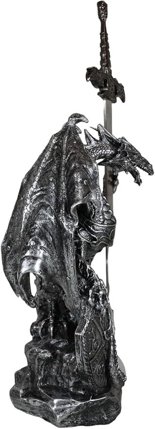 Ebros Gift Legendary Silver Coat of Arms Knight Dragon Holding Heraldry Plague Shield and Druid Sword Letter Opener Figurine Home and Office Decorative Sculpture Medieval Dungeons and Dragons Fantasy