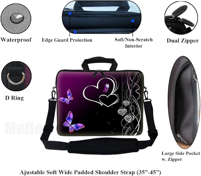 Meffort Inc 17 Inch Neoprene Laptop Bag with Extra Side Pocket, Soft Carrying Handle & Removable Shoulder Strap Fit 16" to 17.3" Size - Purple Butterfly Heart