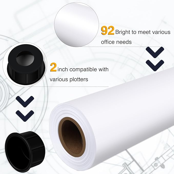 VOISEN Wide Format Paper,Plotter Paper 24 In x 150 Ft 10 Rolls, CAD Bond Rolls,20lb Bond Paper on 2" Core for CAD Printing on Wide Format Ink Jet Printers